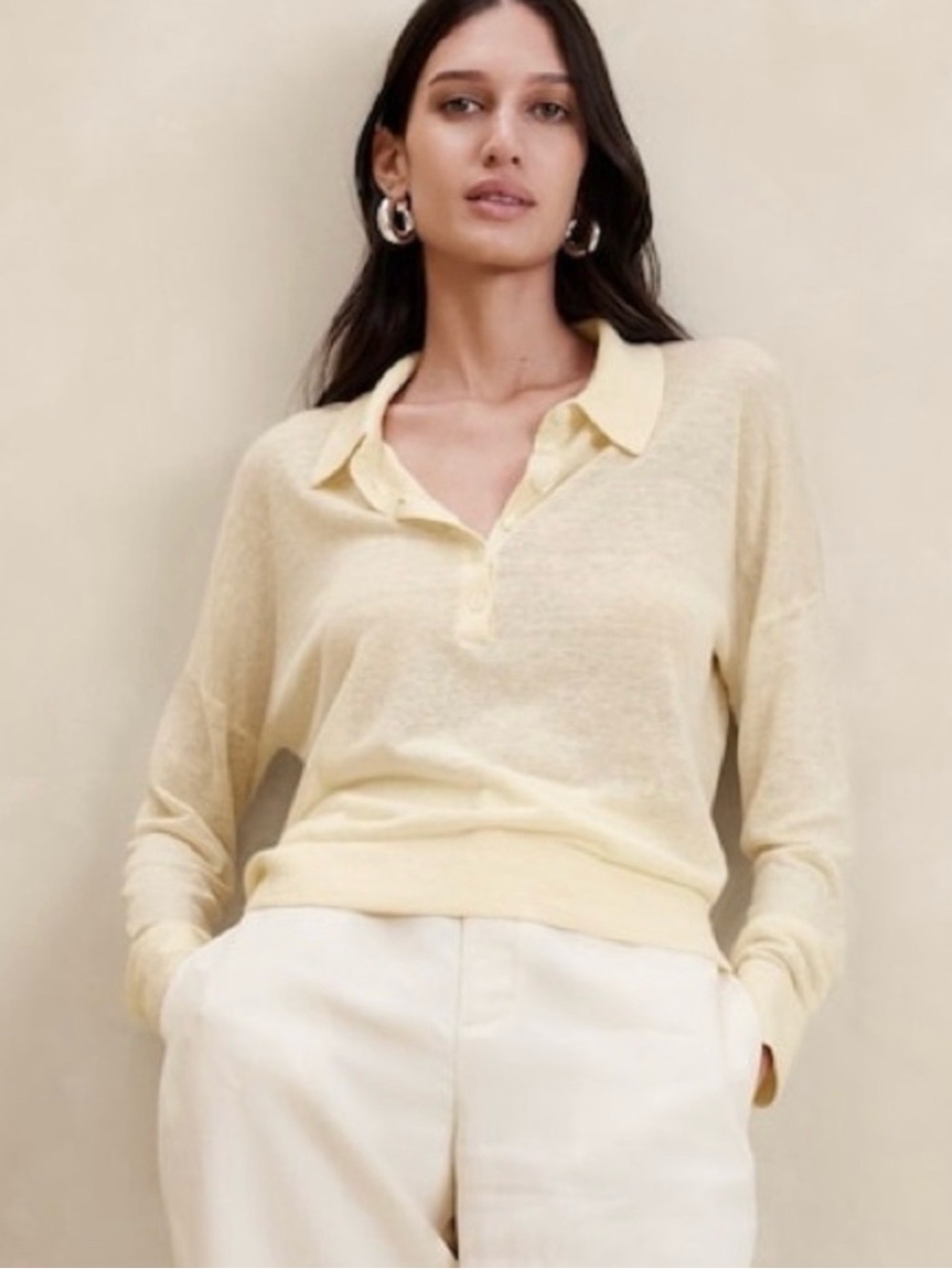 banana republic butter yellow linen blend sweater polo quarter button